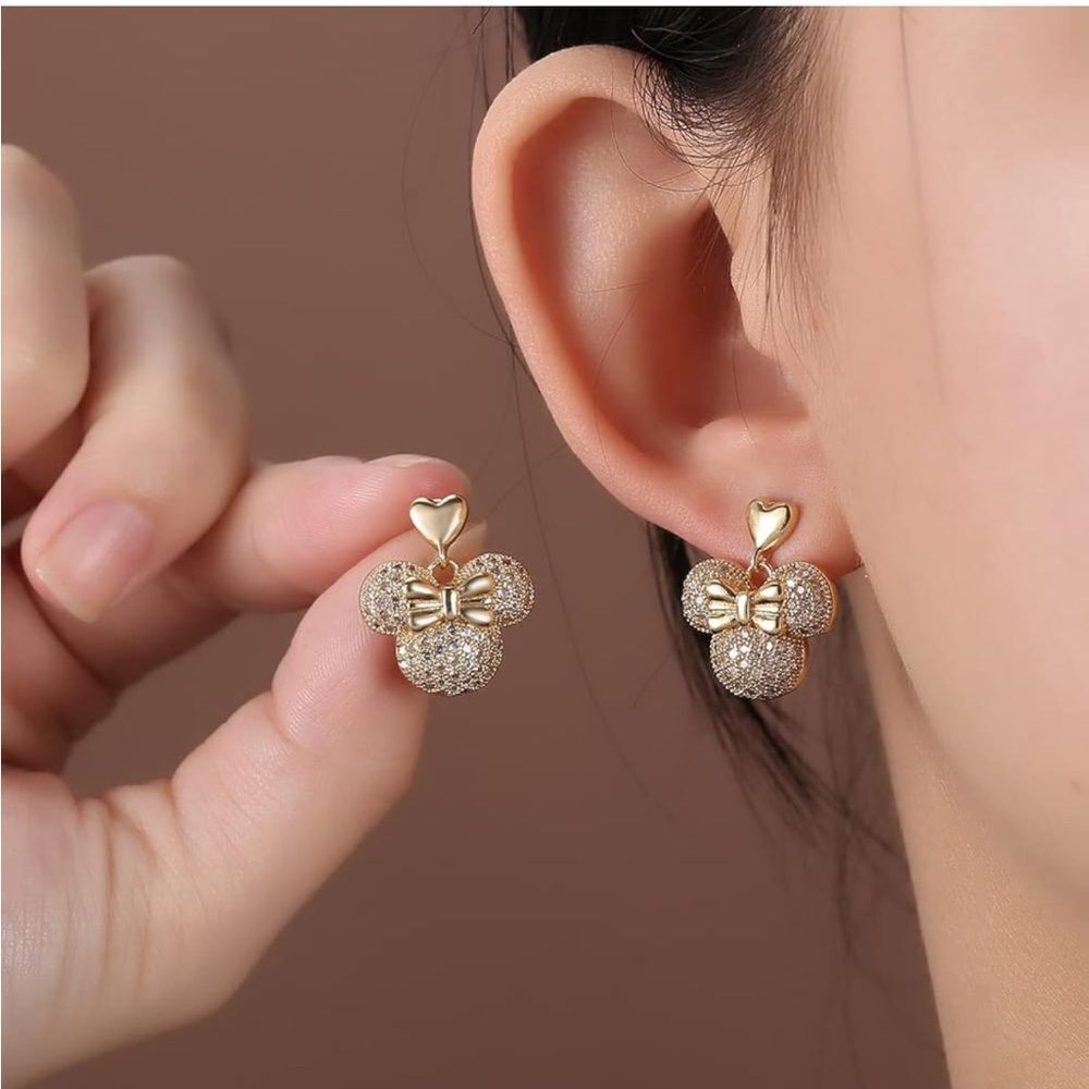 14k plated Minnie Mouse Bow Diamond Earrings - Picture 3 of 5